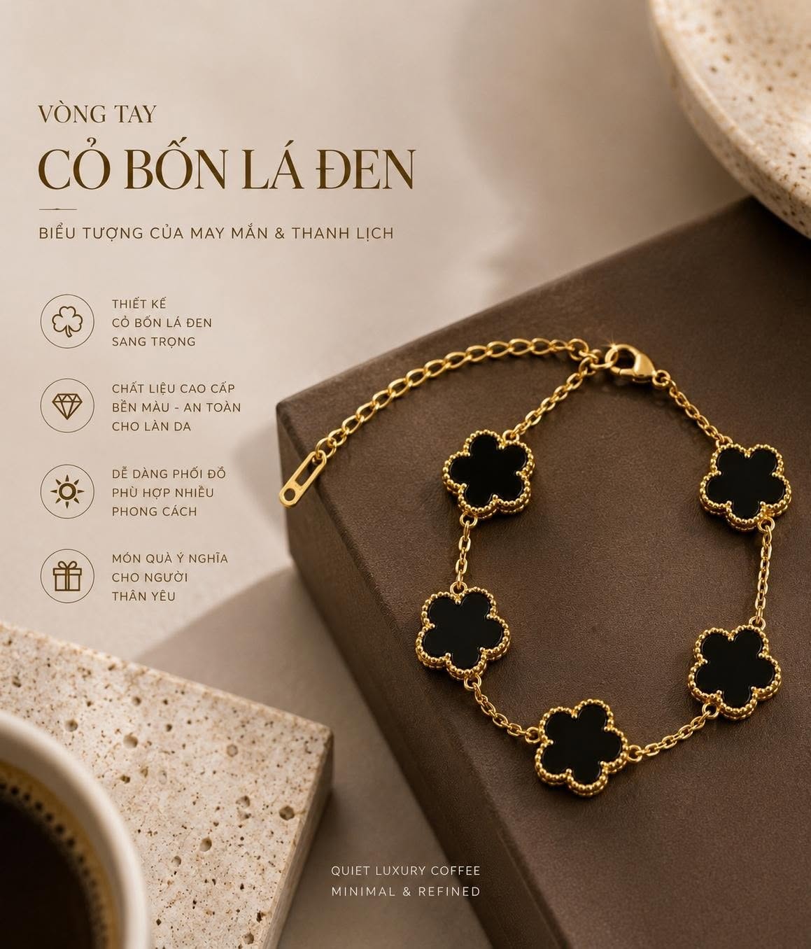 Vòng Tay Cỏ Bốn Lá Đen